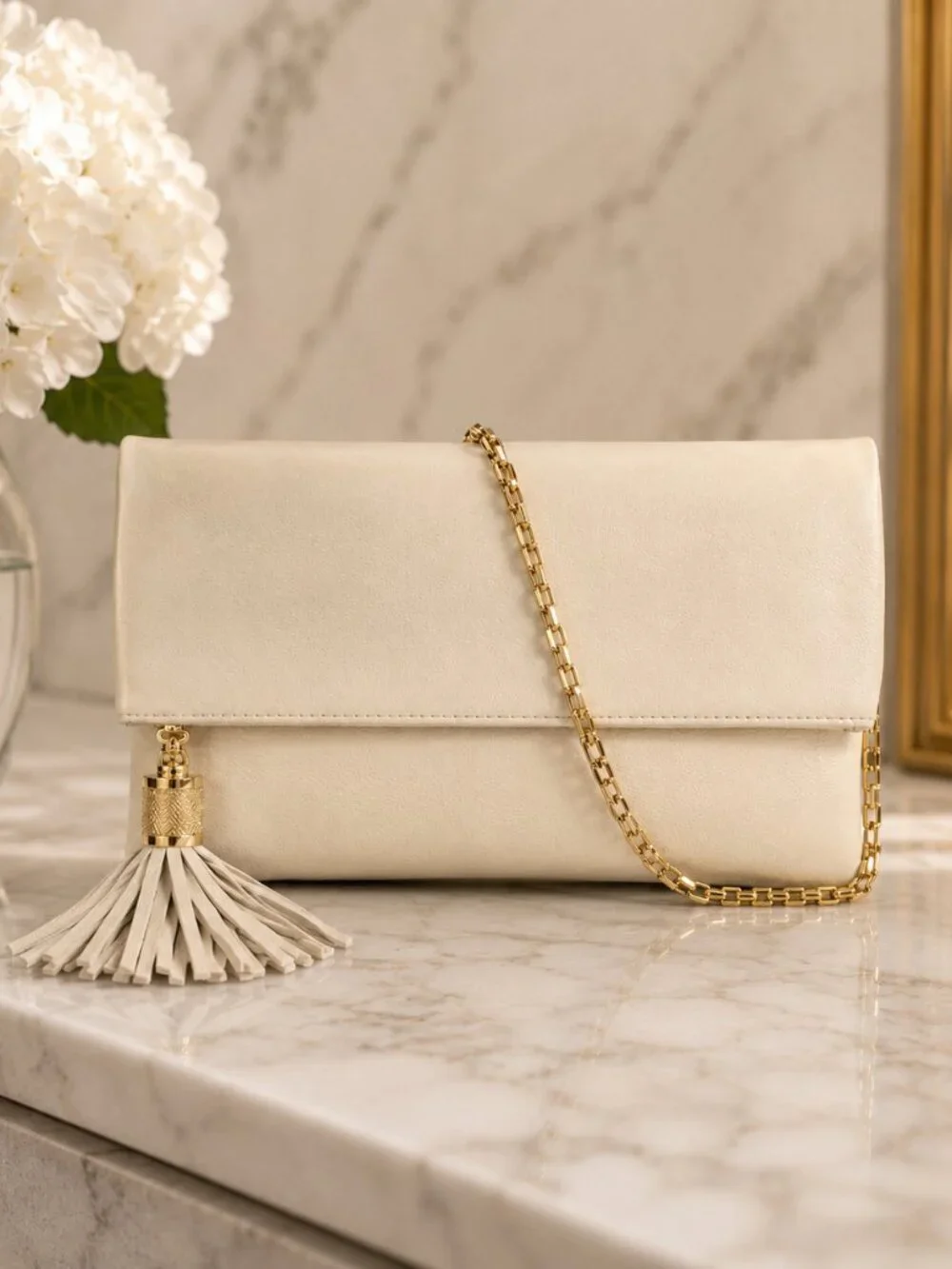 Michael Kors Collection Tonne Large Foldover Tassel Clutch Ecru Leather NWT